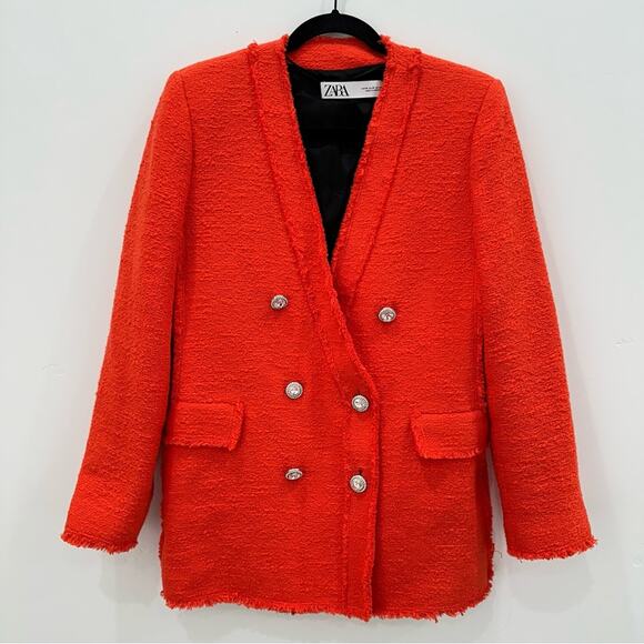 NWOT Zara Tweed Jewel Button Bright Orange Blazer. - Picture 4 of 10